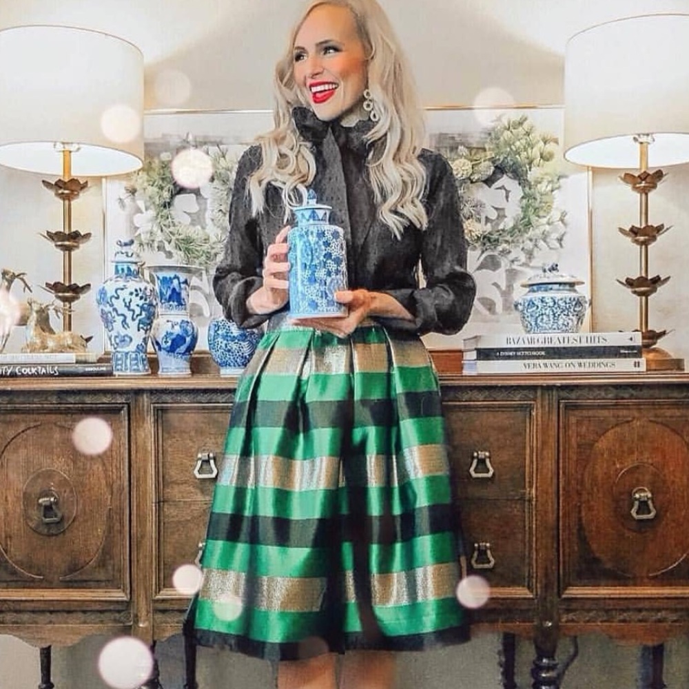 NWT Sz L Anthropologie Chicwish Emerald Green, Black and Gold Striped Midi Skirt